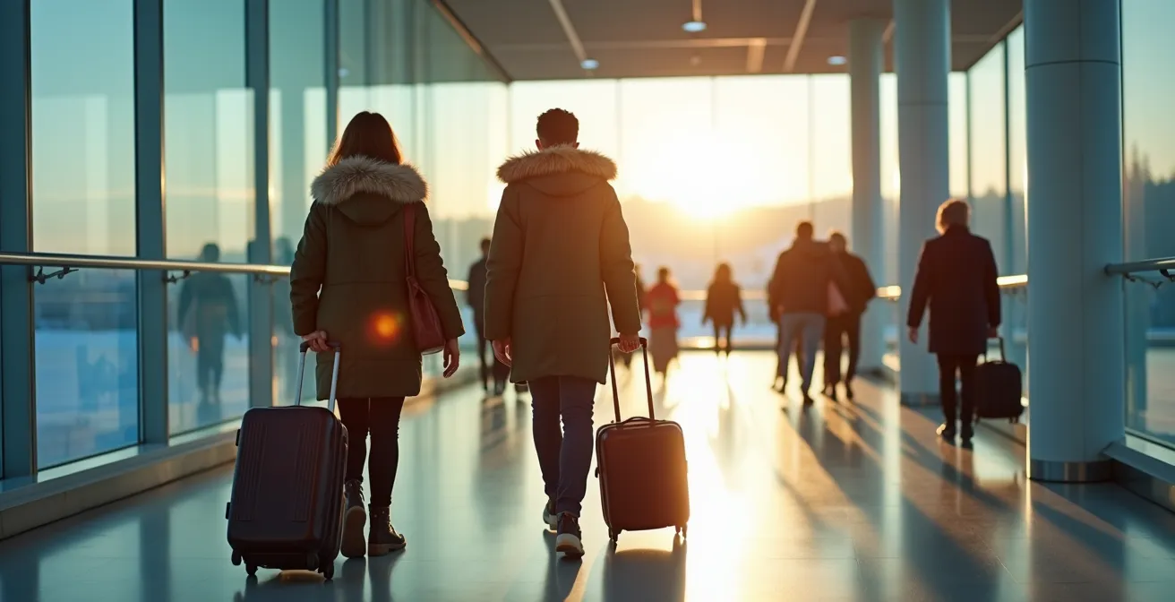 Vue aérienne de l'aéroport de Montréal sous la neige avec avions et pistes enneigées