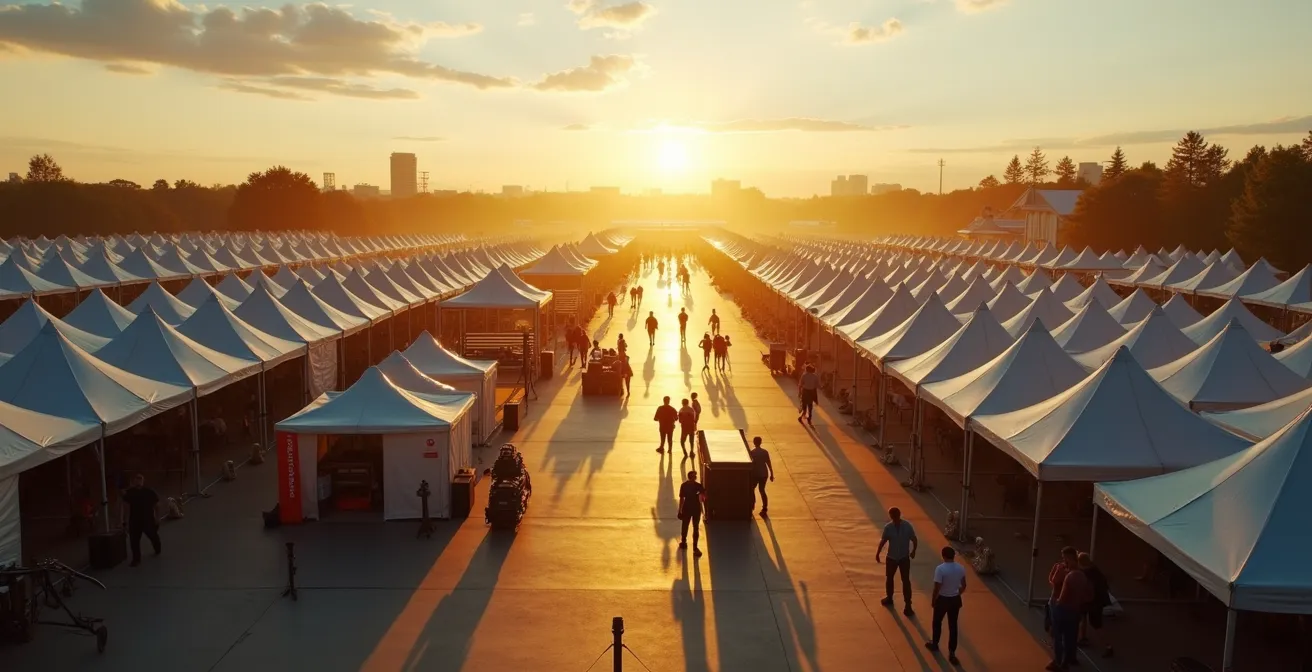 Vue d'ensemble d'un festival d'été québécois avec employés en action