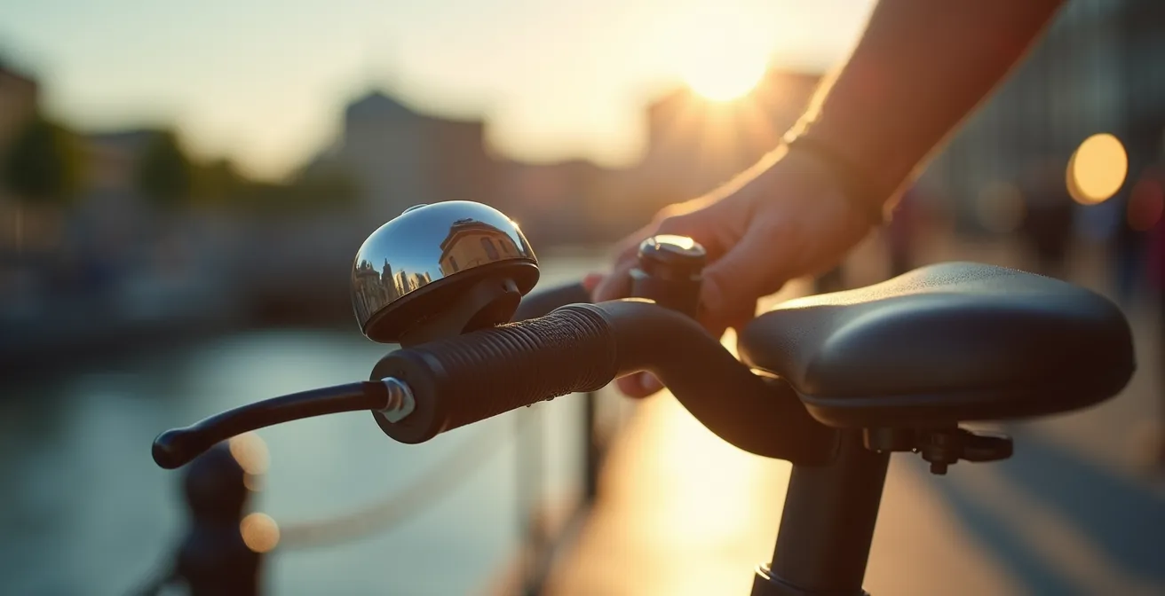 Cycliste sur un BIXI roulant sur une piste cyclable protégée avec le Vieux-Port de Montréal en arrière-plan