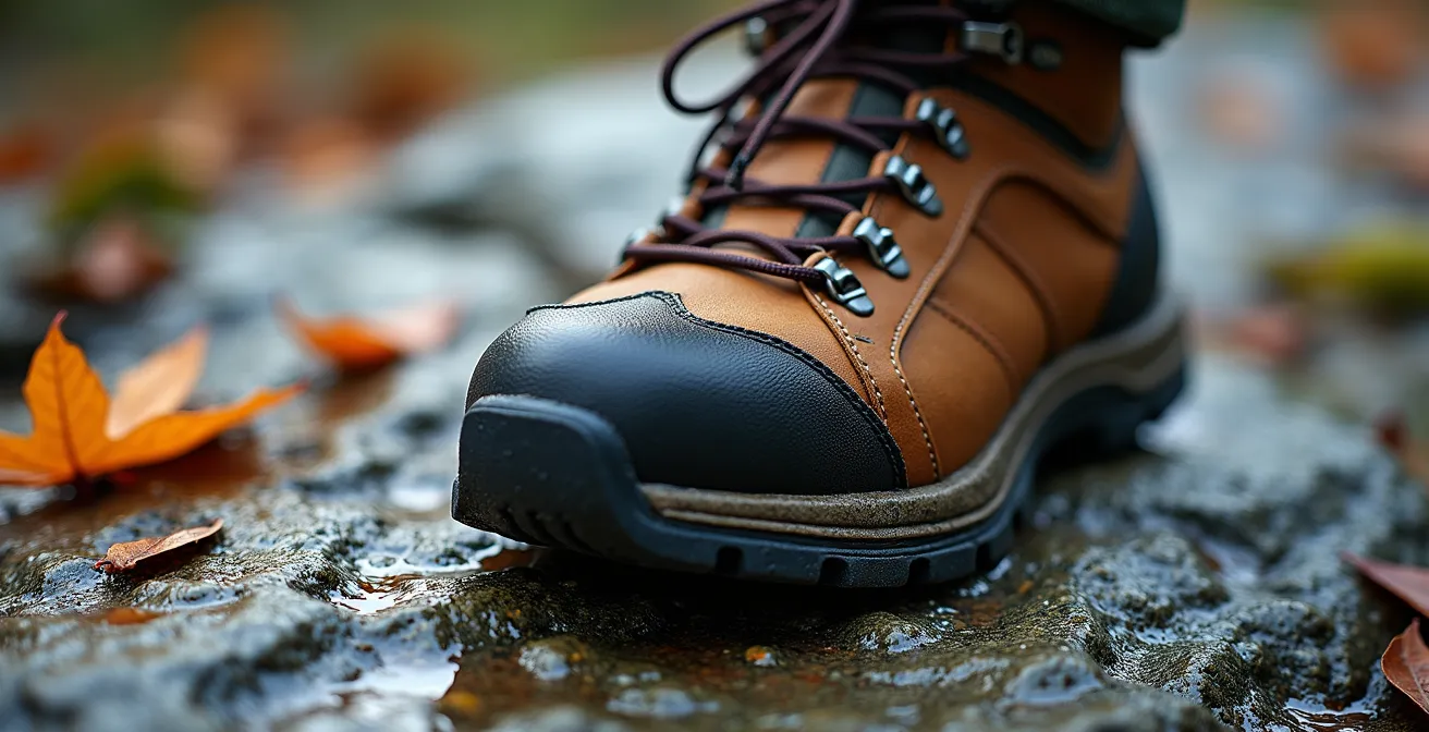 Gros plan sur des bottes de randonnée sur un rocher granitique mouillé typique des Laurentides
