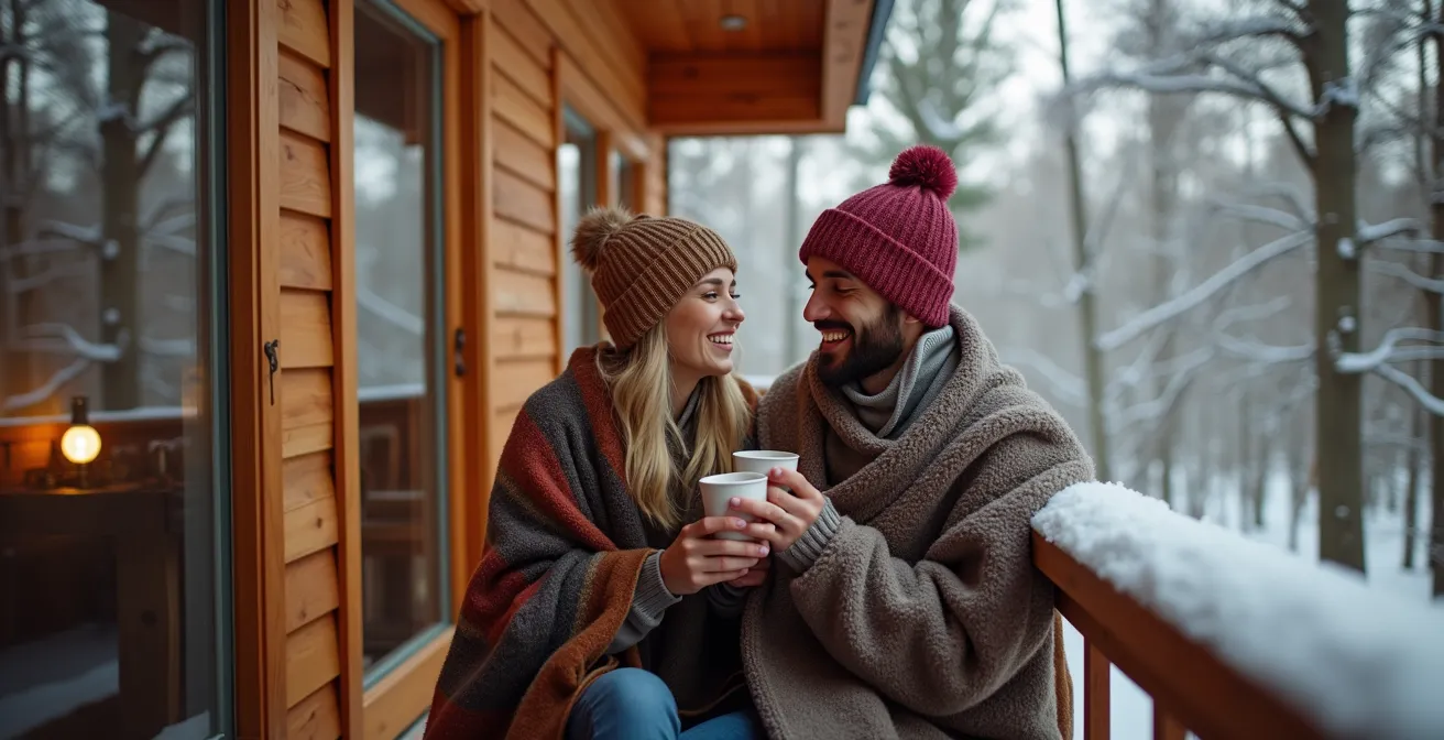 Cabane dans les arbres perchée dans une forêt hivernale québécoise