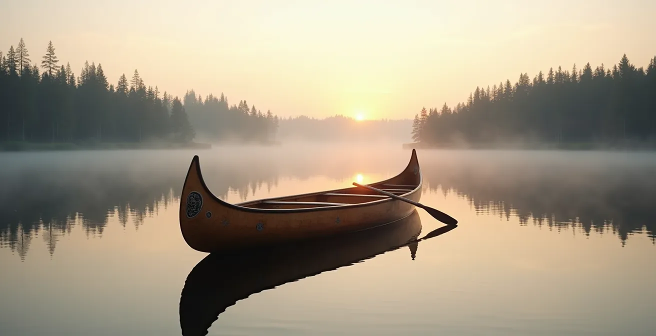 Canot d'écorce traditionnel sur une rivière calme entourée de forêt boréale au lever du soleil