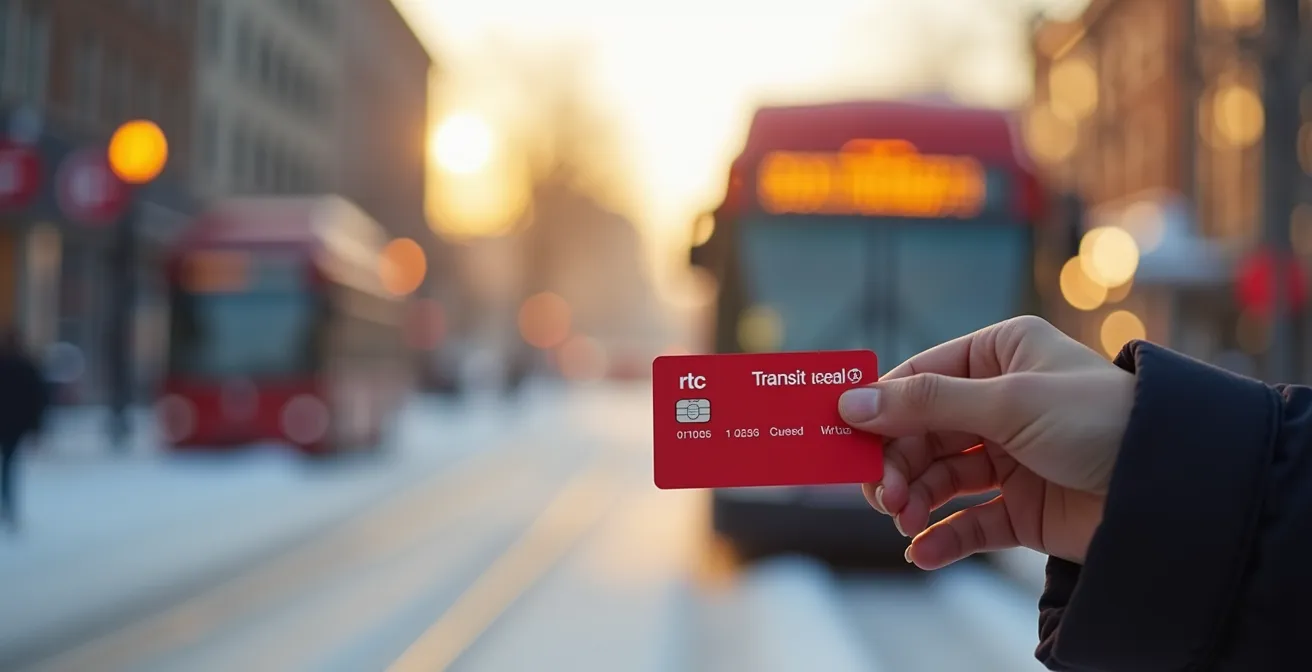Main tenant une carte OPUS devant un autobus du RTC en arrière-plan flou