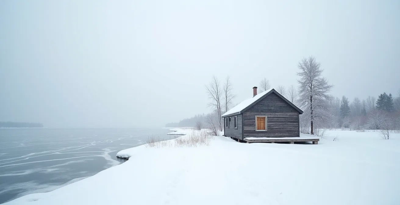 Chalet au bord d'un lac gelé avec poudrerie et vent hivernal au Québec