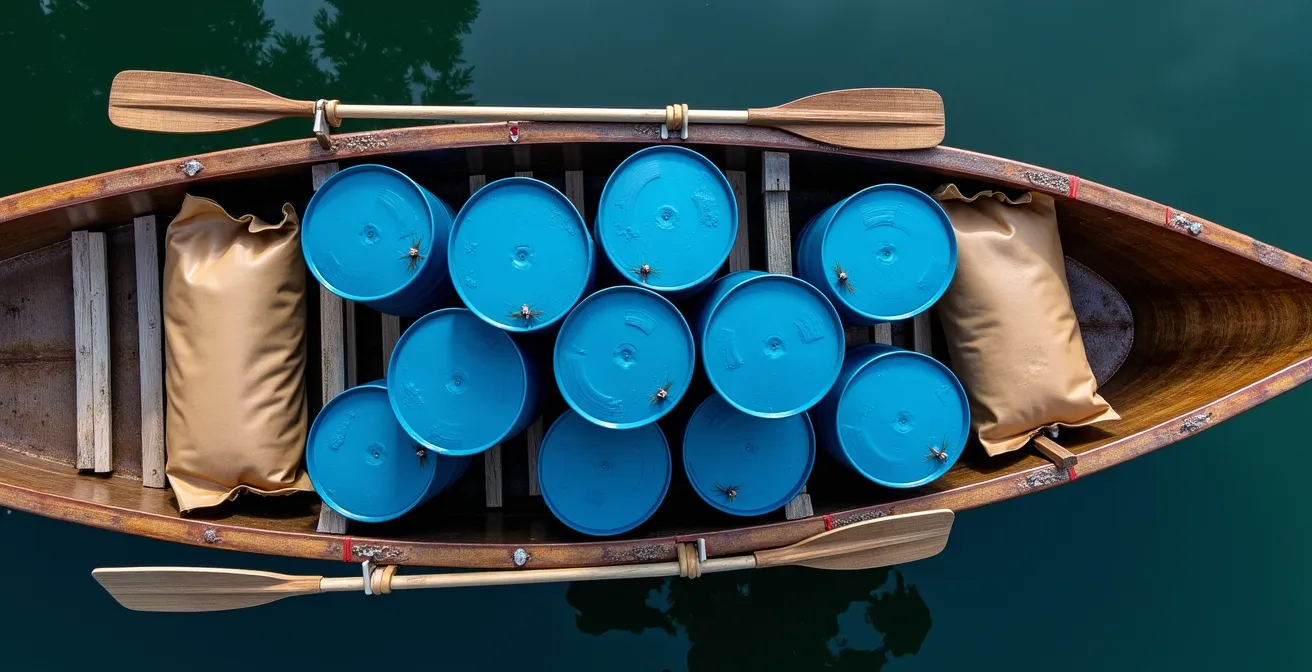 Vue de dessus d'un canot montrant la disposition pyramidale des barils bleus et équipements