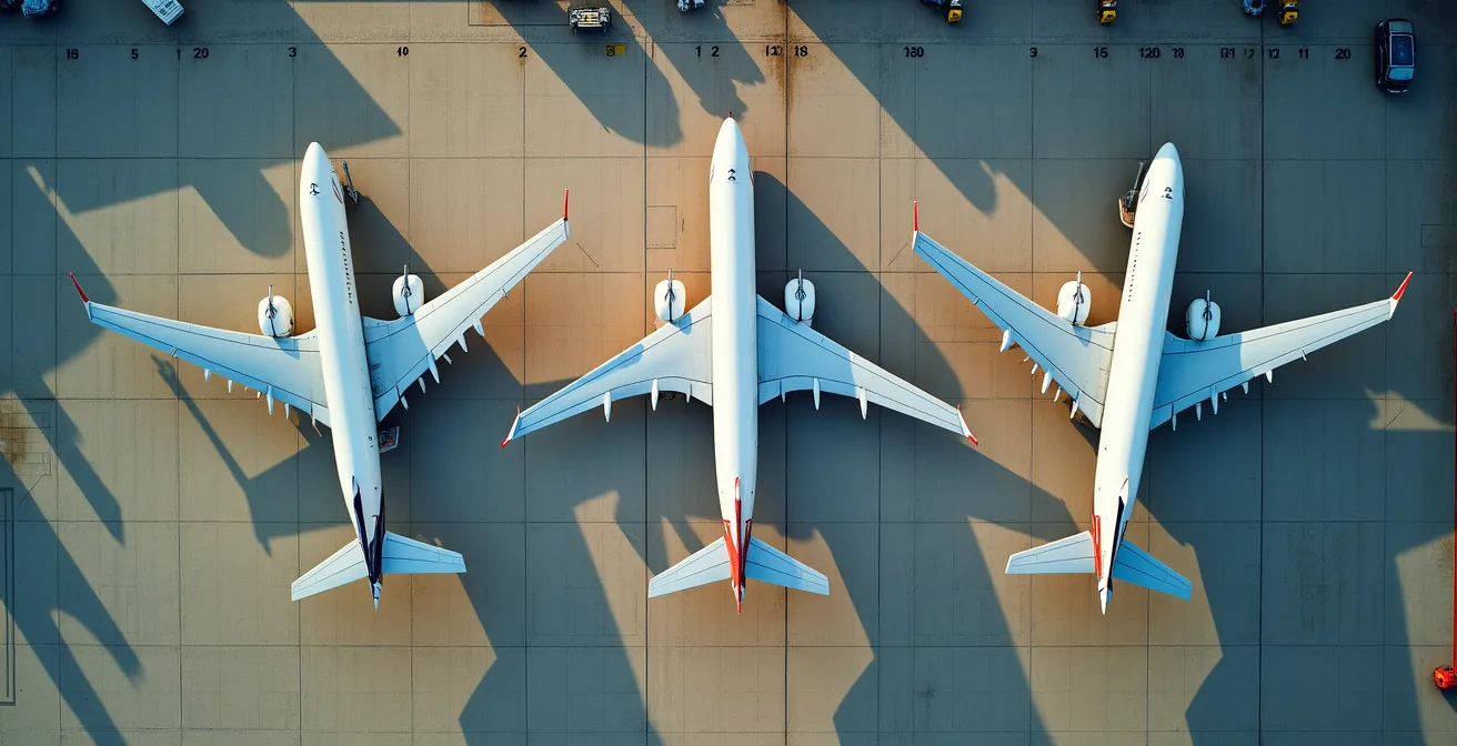 Vue aérienne d'avions sur un tarmac suggérant un choix de vols et de destinations.