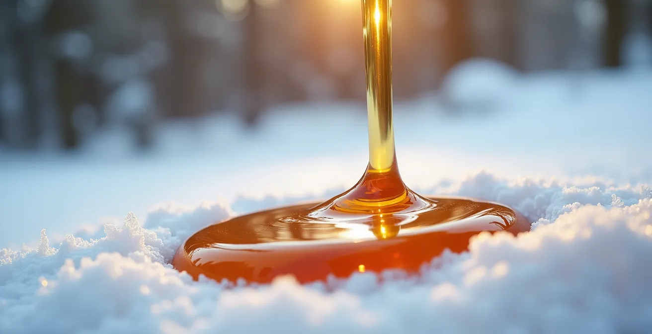 Gros plan sur de la tire d'érable sur la neige, symbolisant une expérience québécoise authentique et abordable.