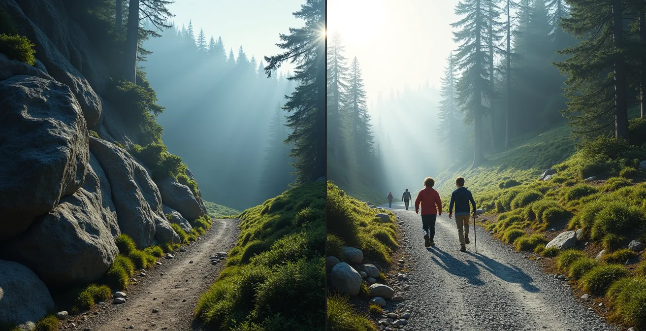 Vue en coupe comparative montrant un sentier québécois abrupt versus des lacets alpins sur même dénivelé