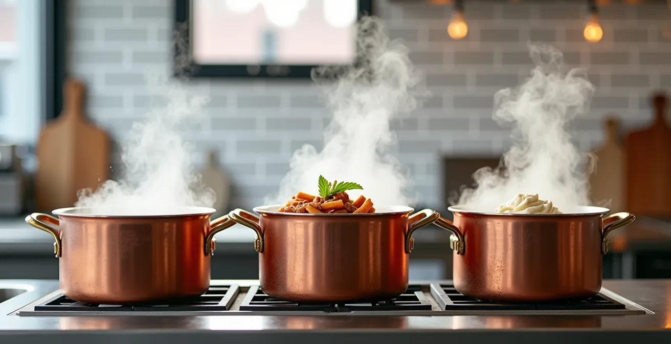 Trois récipients de sauces différentes pour poutine gastronomique alignés sur une table en bois