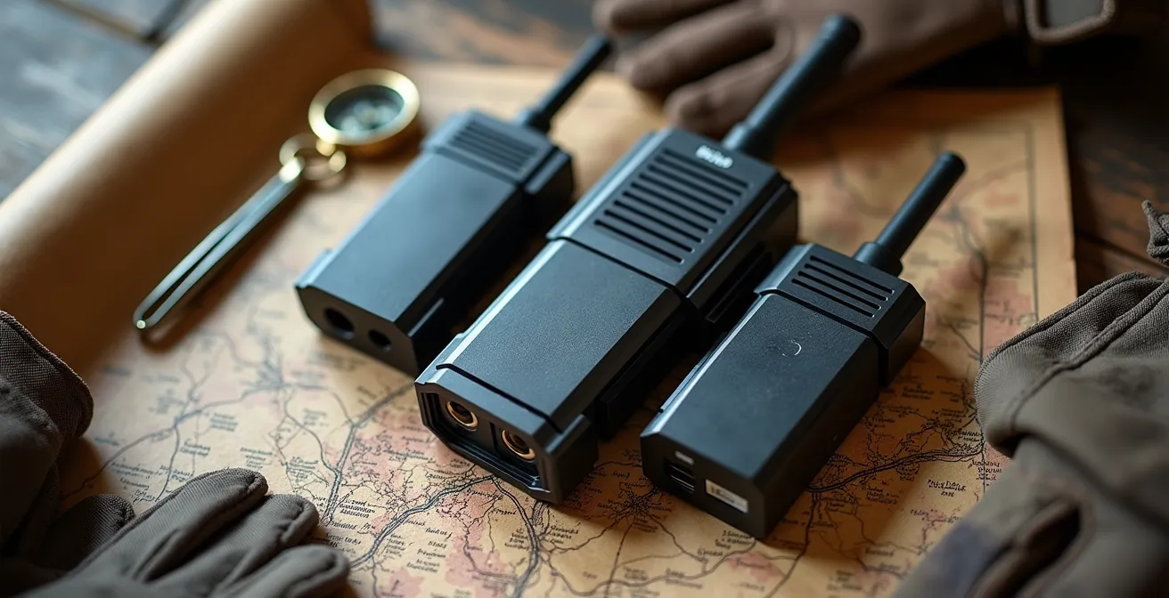 Trois appareils de communication satellite posés sur une carte topographique de la Baie-James avec boussole