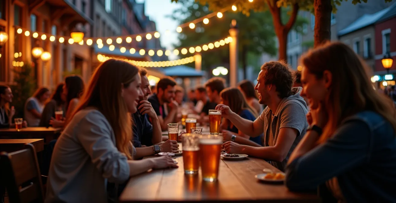 Terrasse animée sur la rue Wellington à Verdun au coucher du soleil avec des trentenaires