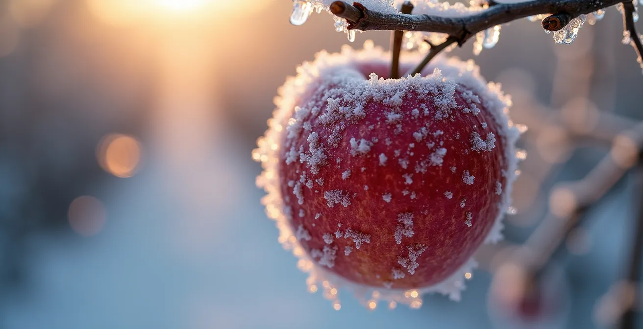Gros plan macro sur des cristaux de glace formés naturellement sur une pomme gelée accrochée à l'arbre en hiver