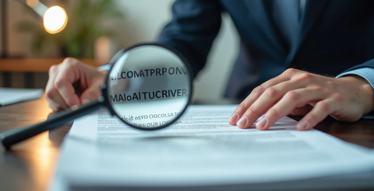 Mains tenant un contrat de location avec une loupe examinant les petits caractères, symbolisant l'importance des détails.