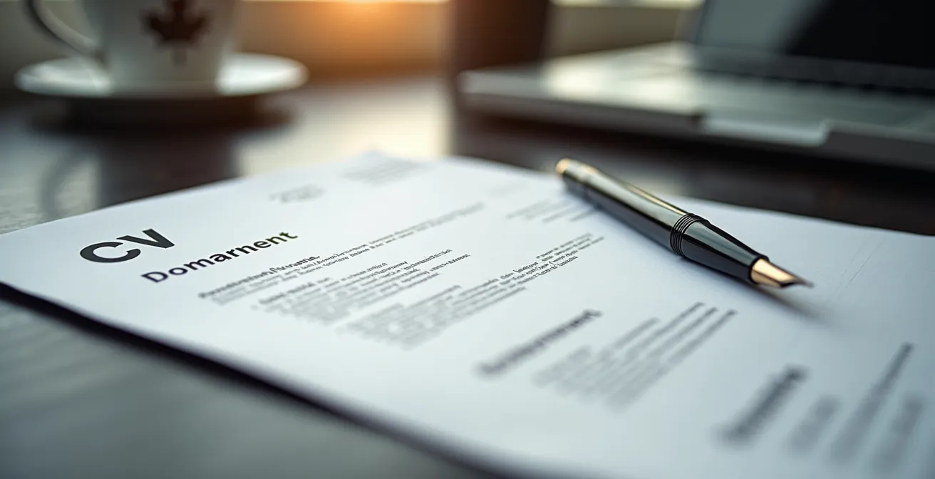 Gros plan sur un CV posé sur un bureau avec stylo et café, sans aucune photo visible