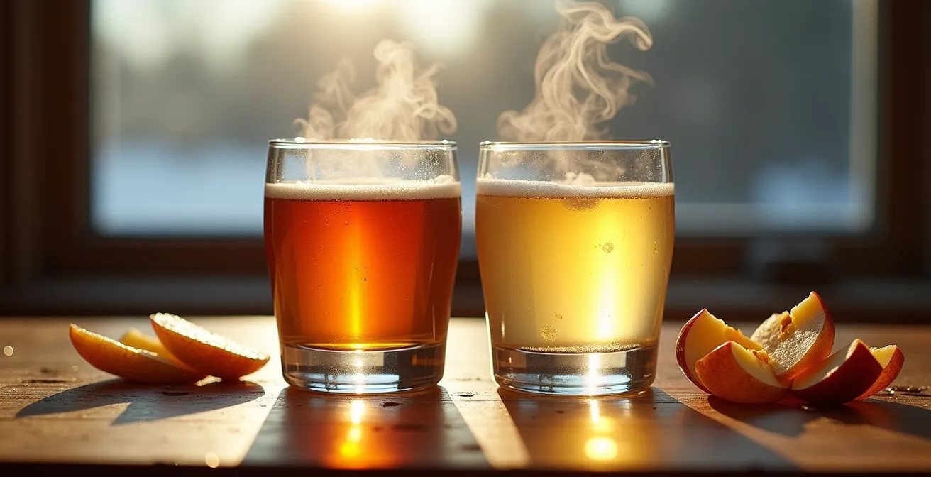 Deux verres de dégustation côte à côte montrant les nuances de couleur entre cidre de feu ambré foncé et cidre de glace doré clair