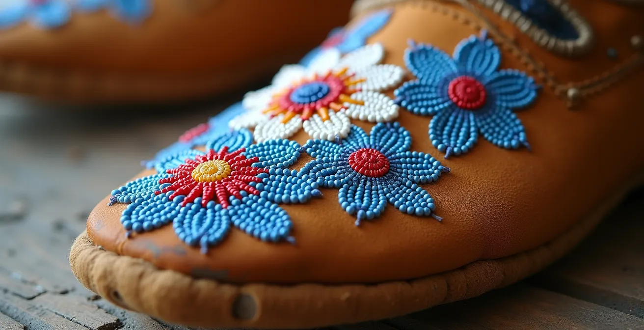 Gros plan sur un mocassin traditionnel avec perlage floral détaillé et cuir d'orignal tanné