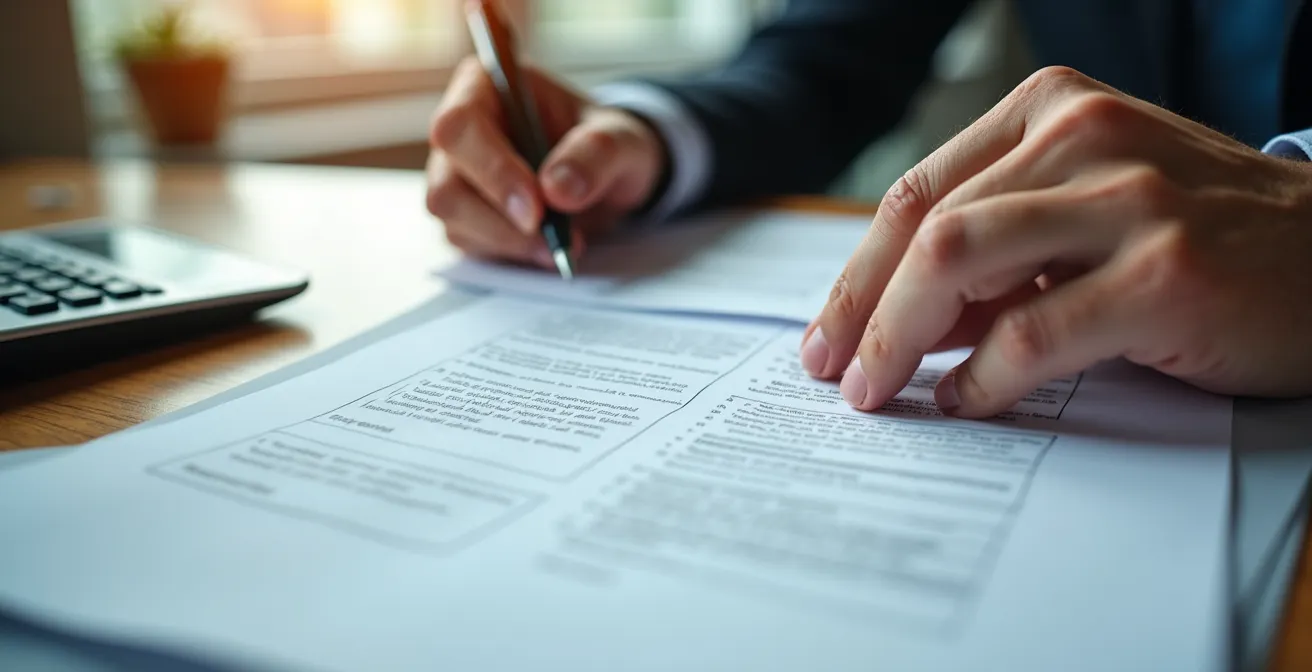 Mains organisant des documents officiels sur un bureau avec calculatrice et stylo