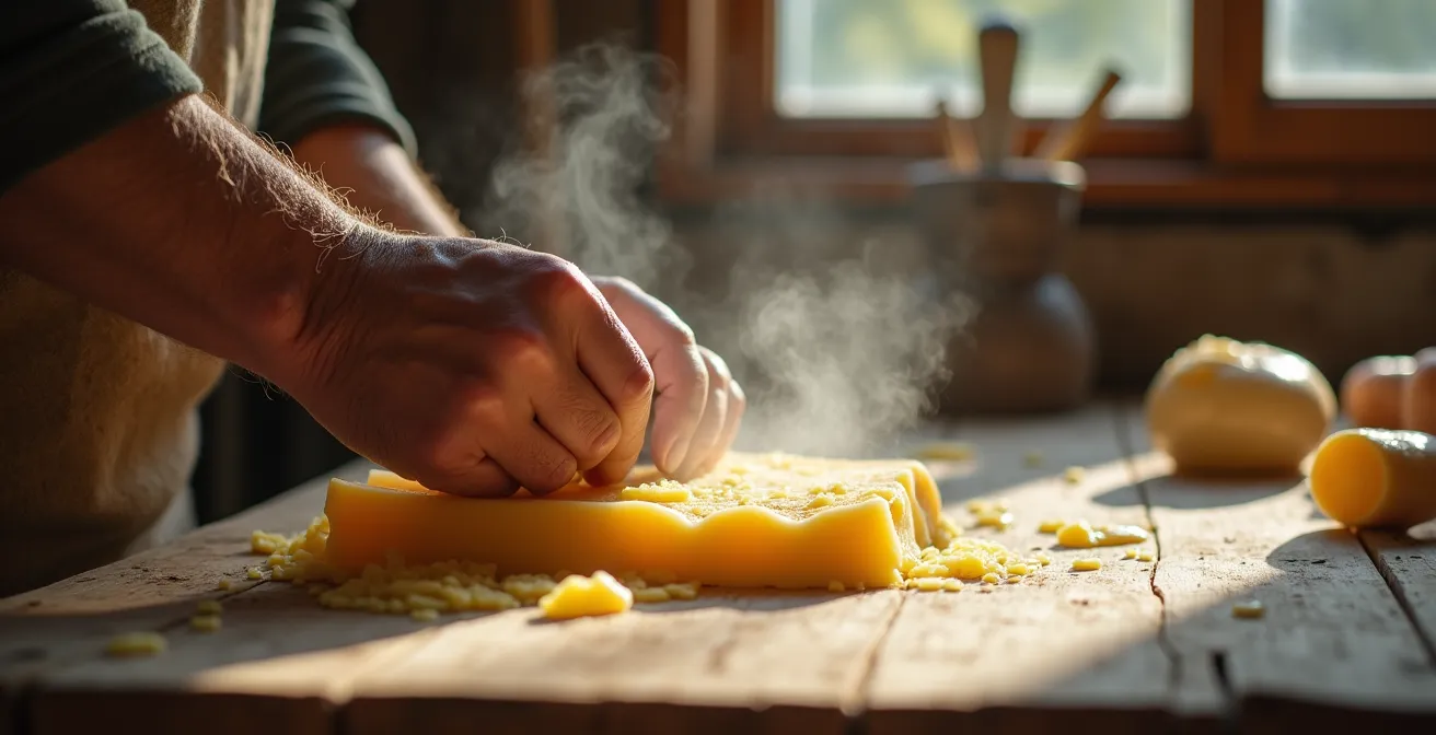 Artisan fromager québécois dans son atelier d'économusée présentant ses produits