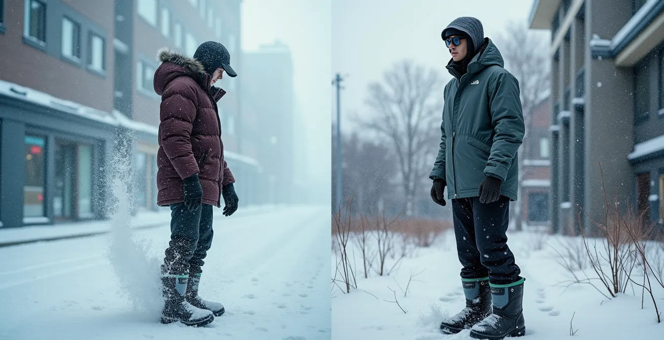 Comparaison visuelle entre vêtements urbains et équipement technique pour le Grand Nord québécois