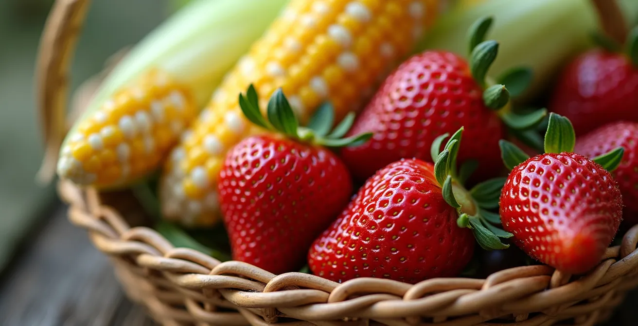 Gros plan sur des fraises de champ québécoises et des épis de maïs frais en pleine saison