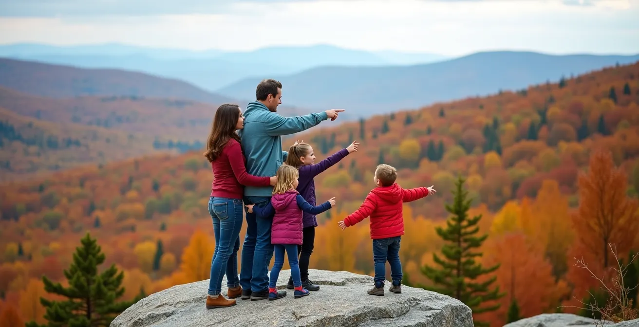 Famille au sommet d'une montagne québécoise sous ciel légèrement voilé avec couleurs d'automne saturées