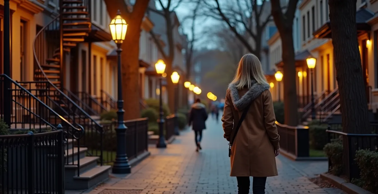 Voyageuse marchant en soirée dans le quartier illuminé du Plateau Mont-Royal à Montréal