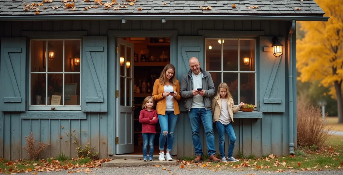 Devanture d'une boutique à la ferme fermée en hiver avec panneau d'horaire