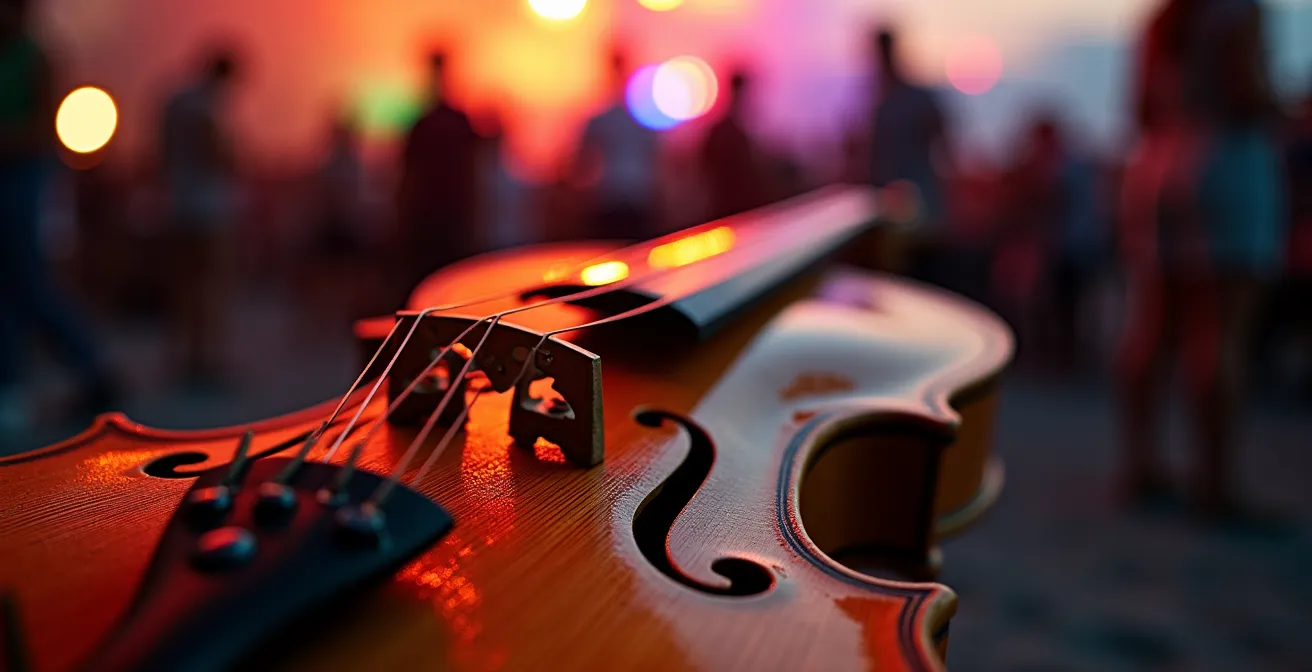 Scène de festival extérieur au coucher du soleil avec public et montagnes gaspésiennes en arrière-plan