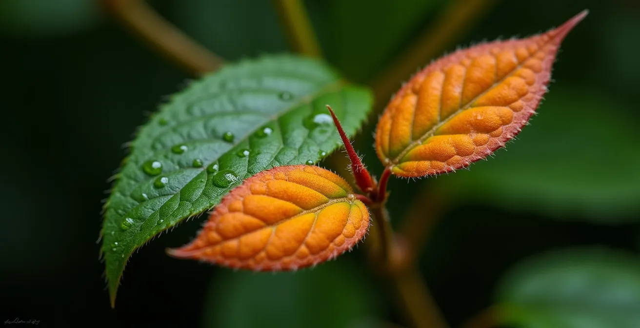 Gros plan macro sur les feuilles de thé du Labrador montrant le duvet orangé caractéristique du dessous