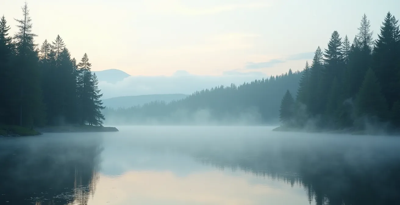 Lac miroir entouré de forêt boréale dense en Abitibi au lever du soleil avec brume matinale