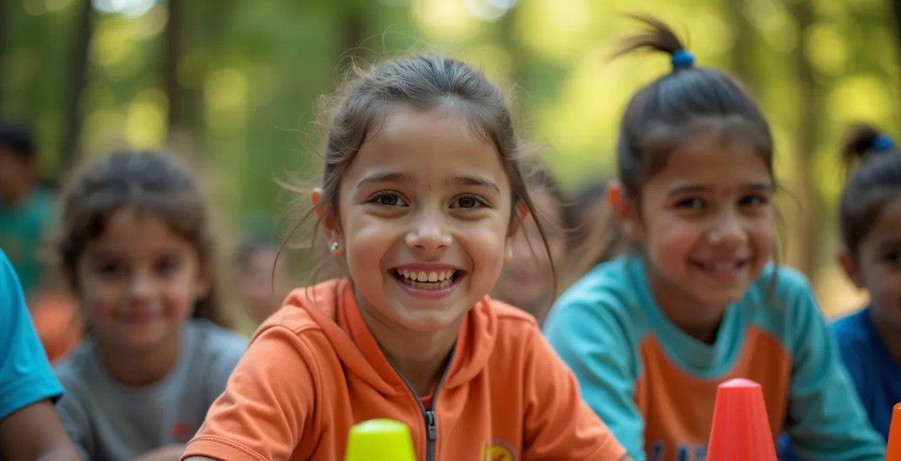 Groupe de jeunes moniteurs en formation pratique dans un parc avec matériel d'animation coloré