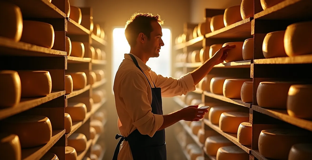 Fromager québécois inspectant des meules dans une cave d'affinage traditionnelle