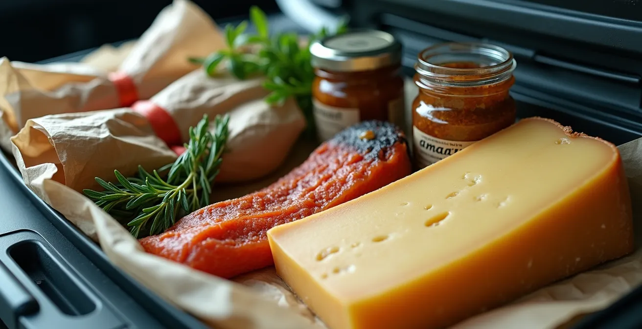 Glacière électrique remplie de produits du terroir de Charlevoix dans le coffre d'une voiture