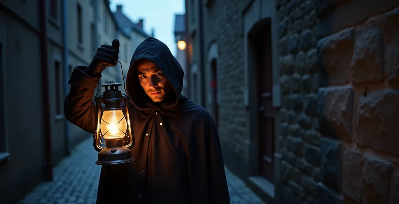 Guide en cape noire avec une lanterne à la main dans une ruelle sombre et pavée du Vieux-Québec la nuit.