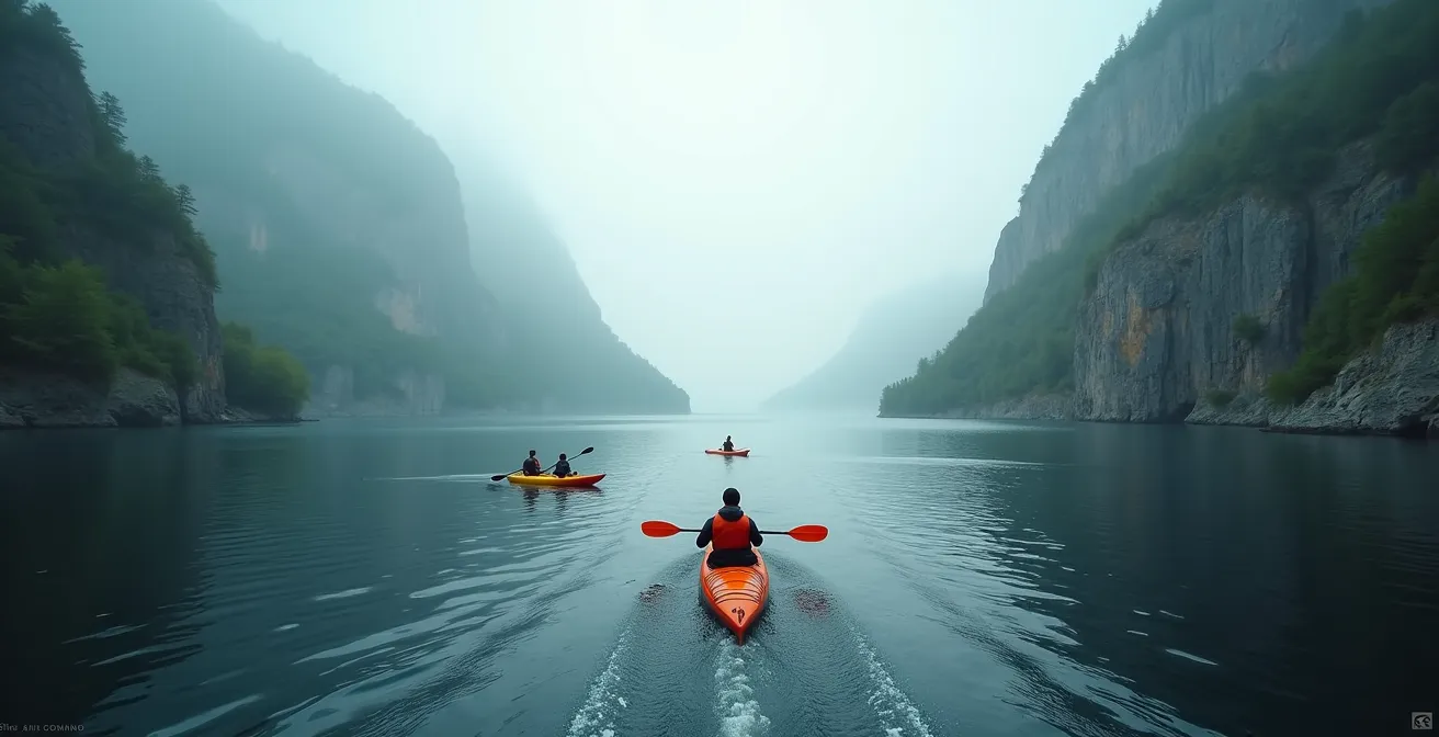 Guide en kayak de mer observant des bélugas dans le Fjord du Saguenay au petit matin