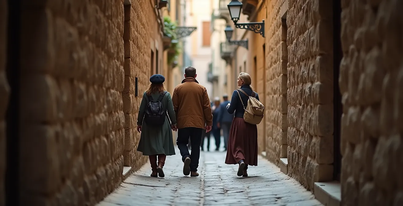 Petit groupe suivant un guide privé dans une ruelle pavée cachée du Vieux-Montréal