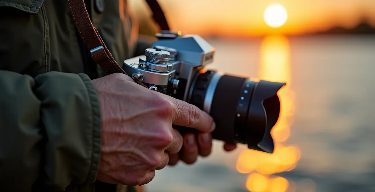 Vue rapprochée des mains d'un photographe ajustant son appareil avec le fleuve Saint-Laurent flou en arrière-plan au lever du soleil