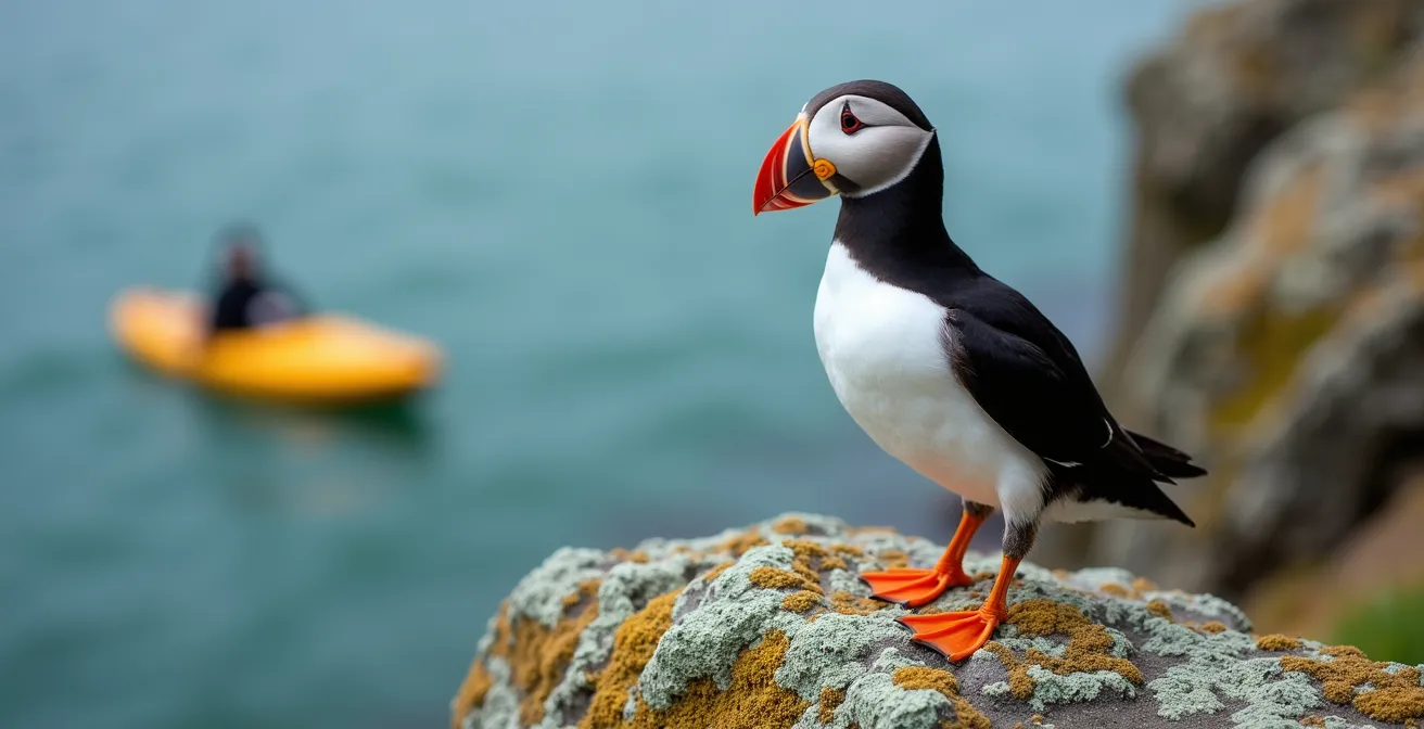 Kayakiste observant des macareux sur un rocher dans l'archipel de Mingan