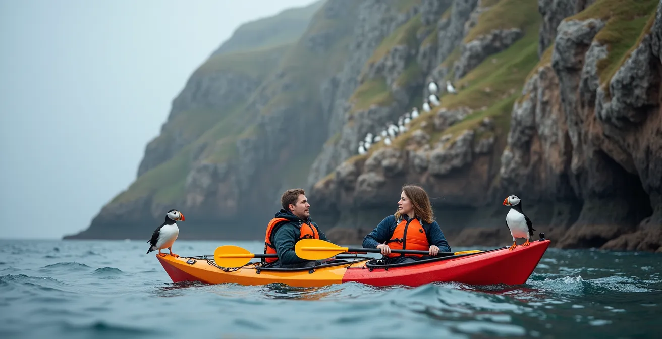 Kayakistes observant des macareux moines depuis leurs embarcations près de falaises rocheuses