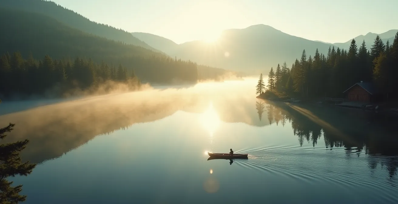 Vue aérienne d'un lac québécois paisible et sans bateau à moteur, entouré d'une forêt boréale, représentant le calme recherché par les locataires.