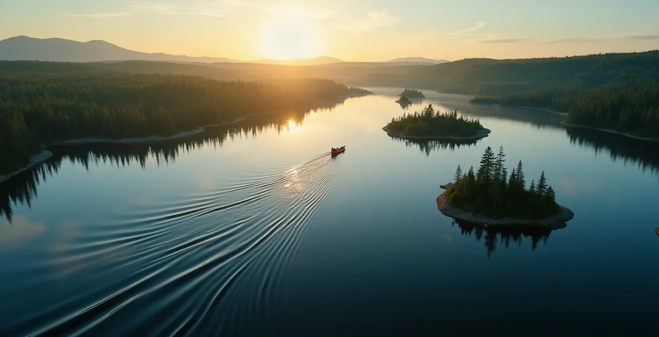 Vue aérienne d'un lac parsemé d'îles boisées avec un canot solitaire naviguant entre elles