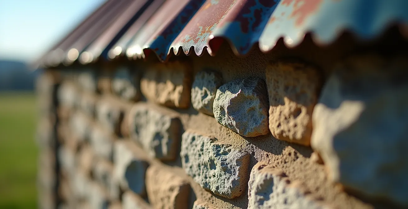 Vue rapprochée d'une maison ancestrale en pierre avec un toit à versants courbés, typique de la route 138 au Québec.