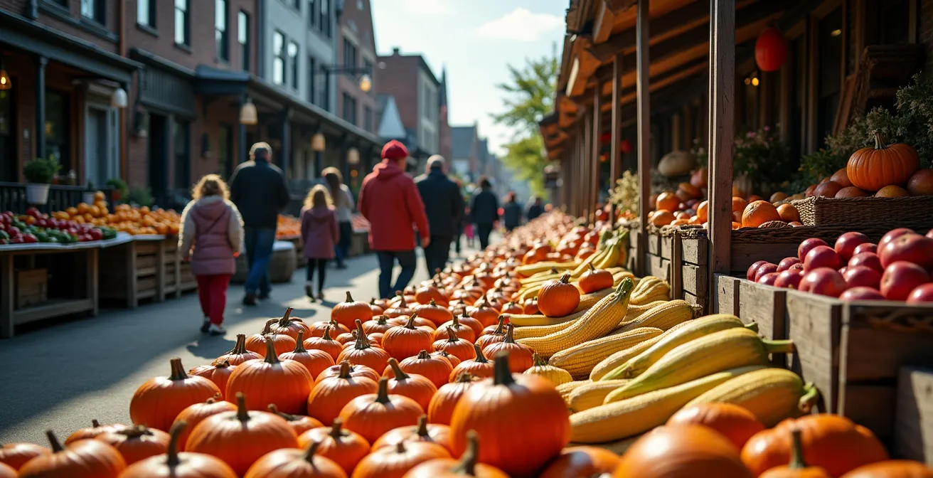 Marché de quartier animé au Québec avec habitants locaux et stands artisanaux