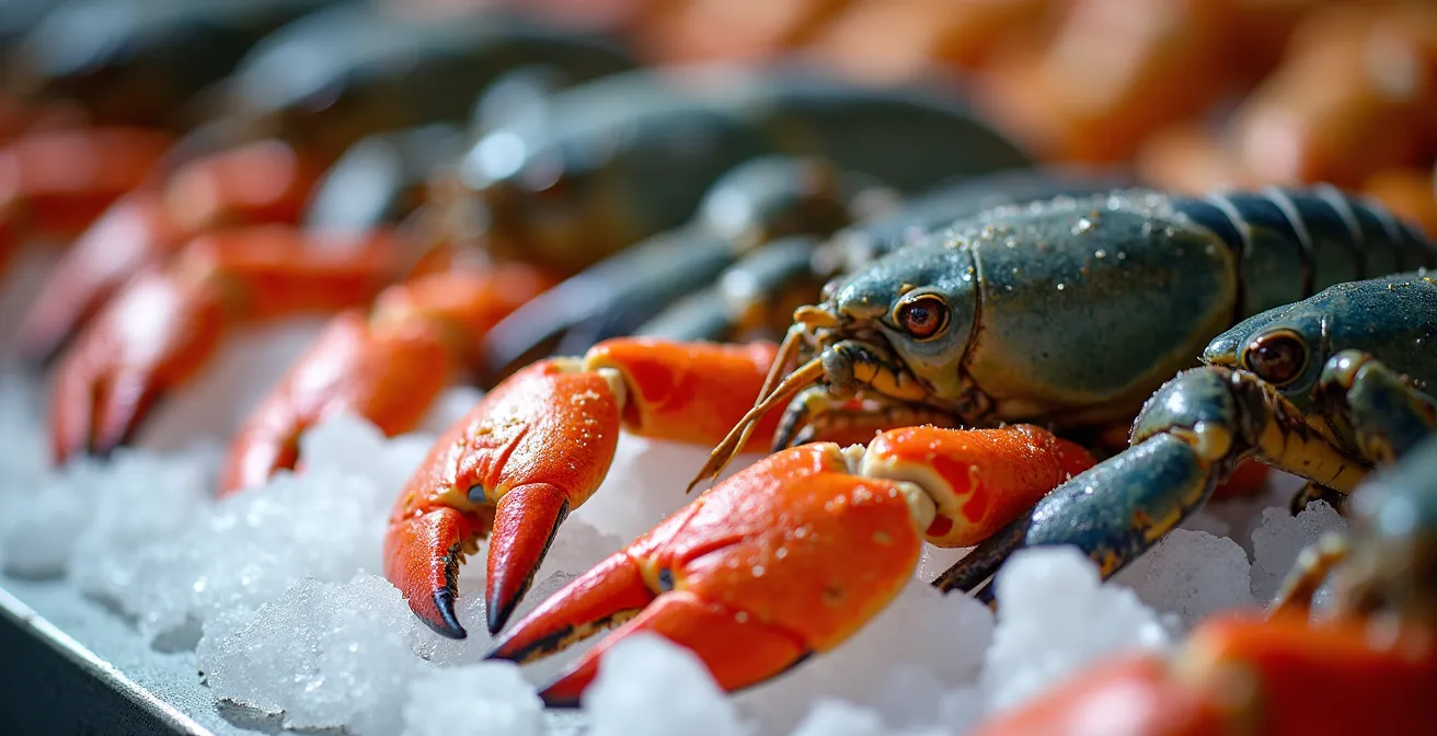 Étal de marché aux poissons en Gaspésie avec homards vivants et crabes des neiges sur un lit de glace.