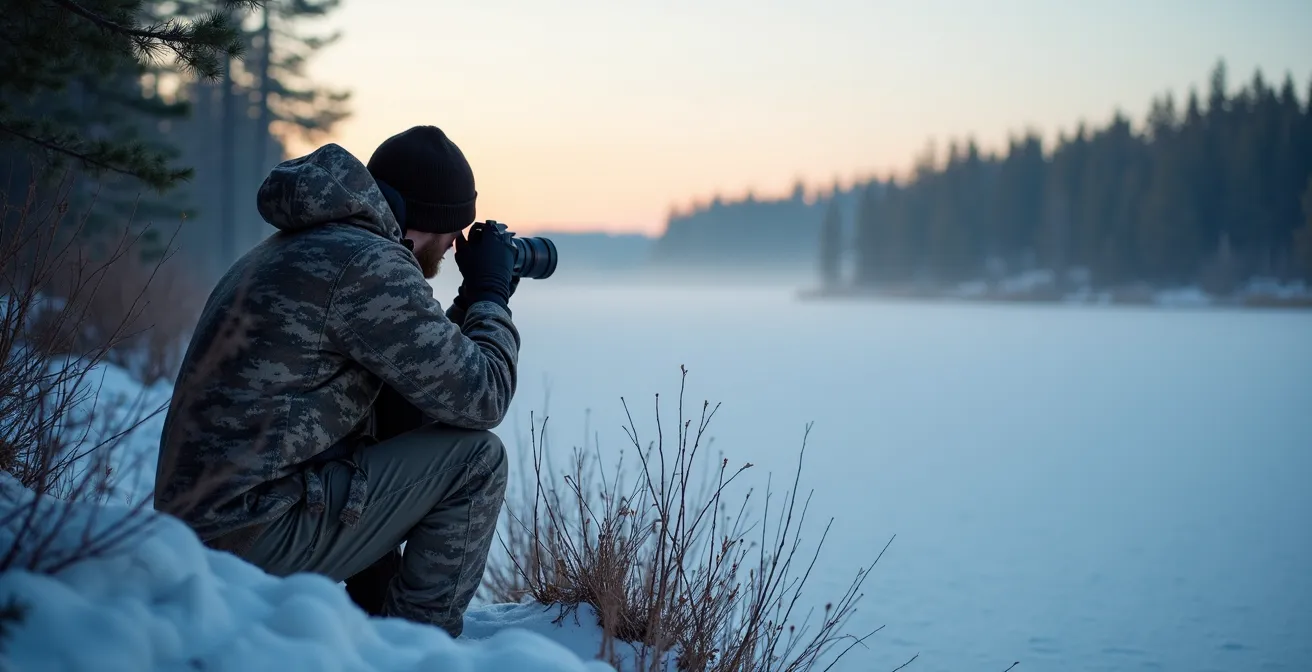 Photographe solitaire en affût dans la forêt boréale québécoise
