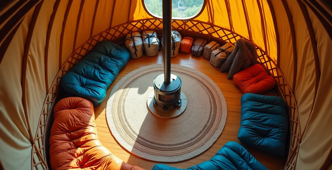 Vue aérienne de l'intérieur d'une yourte montrant l'organisation en quadrants