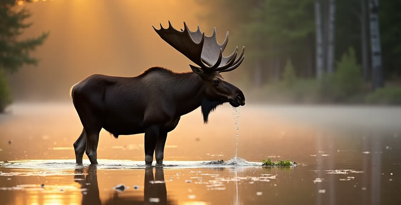 Orignal mâle majestueux se nourrissant de plantes aquatiques au bord de la rivière Jacques-Cartier