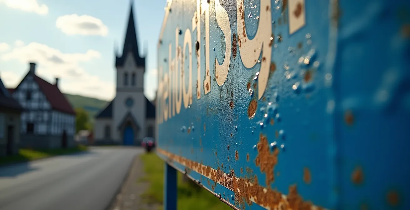 Panneau routier bleu de Village-relais le long d'une route québécoise avec village en arrière-plan