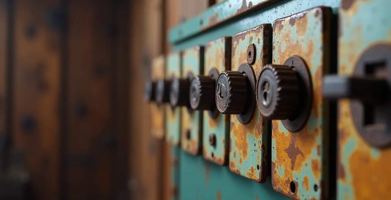 Gros plan sur un vieux panneau électrique avec disjoncteurs dans un chalet québécois