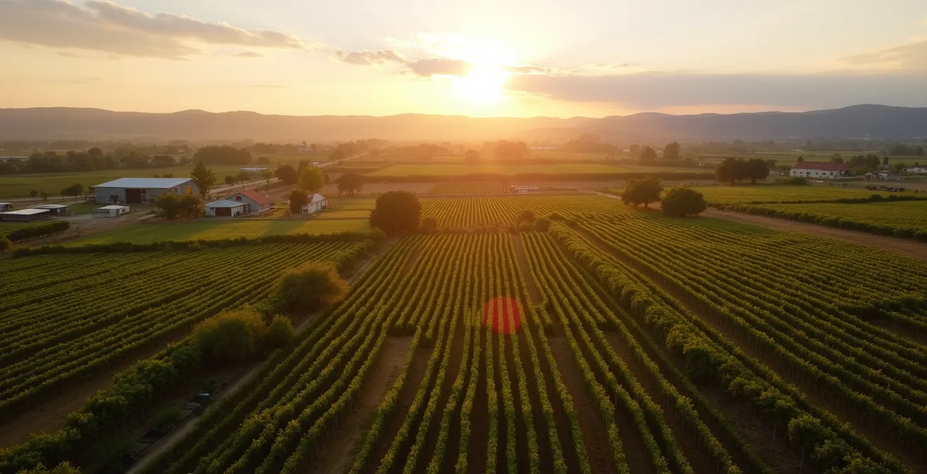 Vue aérienne des vergers et vignobles de la Montérégie au coucher du soleil